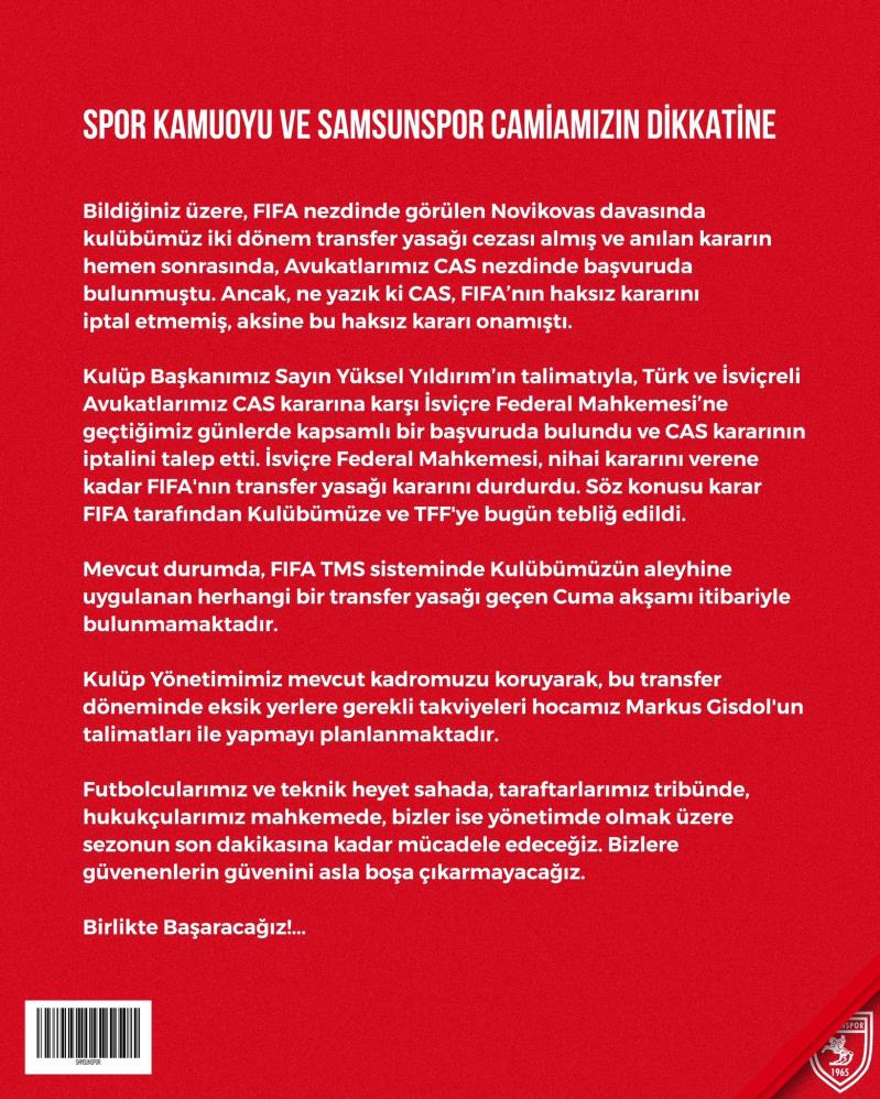 SAMSUNSPOR, TRANSFER YASAĞININ KALDIRILDIĞINI AÇIKLADI
