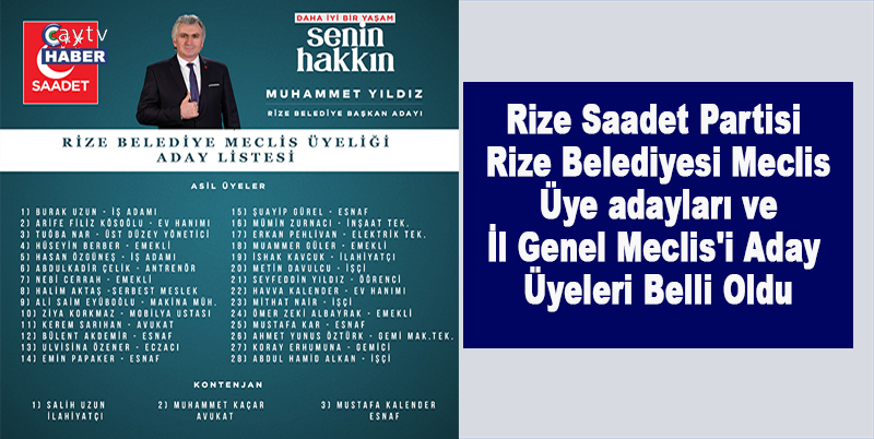 Rize Saadet Partisi Rize Belediyesi Meclis Üyeleri ve İl Genel Meclis'i Üyeleri Belli Oldu