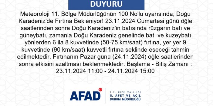 AFAD ve Meteoroloji'den Rize'ye Fırtına Uyarısı!