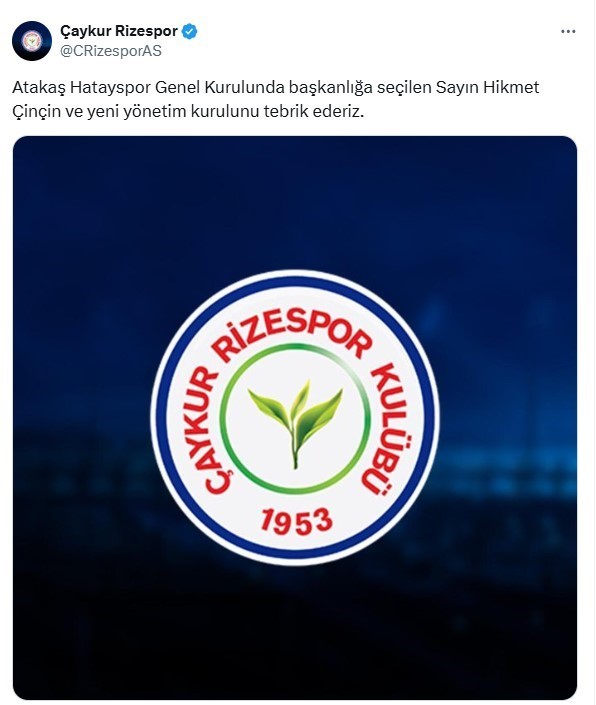 Çaykur Rizespor’dan Atakaş Hatayspor’un Yeni Başkanına Tebrik Mesajı