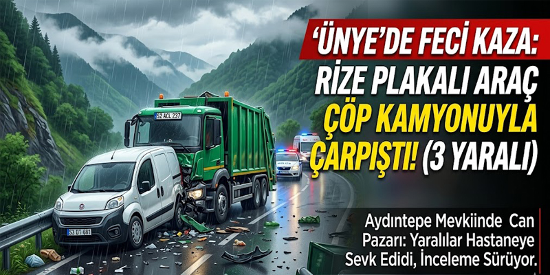 ÜNYE'DE FECİ KAZA: RİZE PLAKALI ARAÇ ÇÖP KAMYONUYLA ÇARPITI!