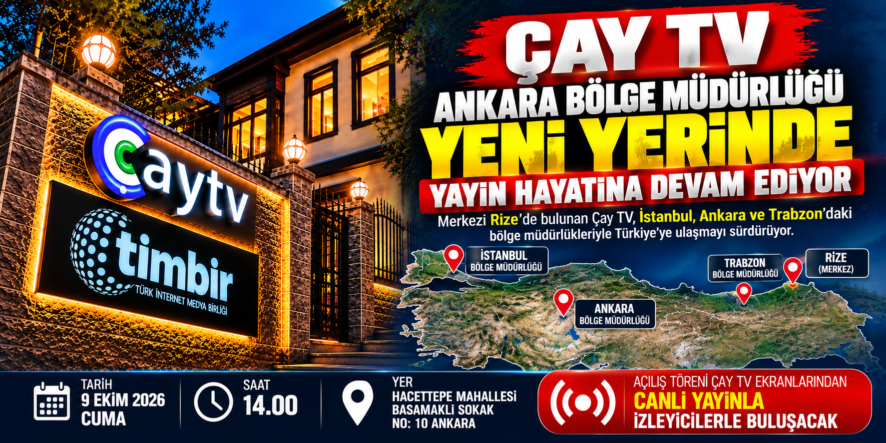 Çay TV Ankara Bölge Müdürlüğü Yeni Yerinde Yayın Hayatına Devam Ediyor