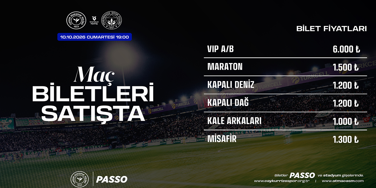 Çaykur Rizespor-Fenerbahçe Maçının Biletleri Satışta: Fiyatlar Belli Oldu