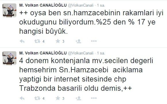 Volkan canalioğlu'ndan chp'li hamzaçebi'ye twiter'dan "oy" cevabı