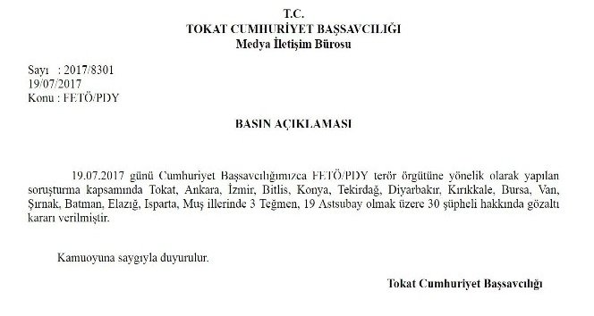 Tokat merkezli 15 ilde FETÖ operasyonu