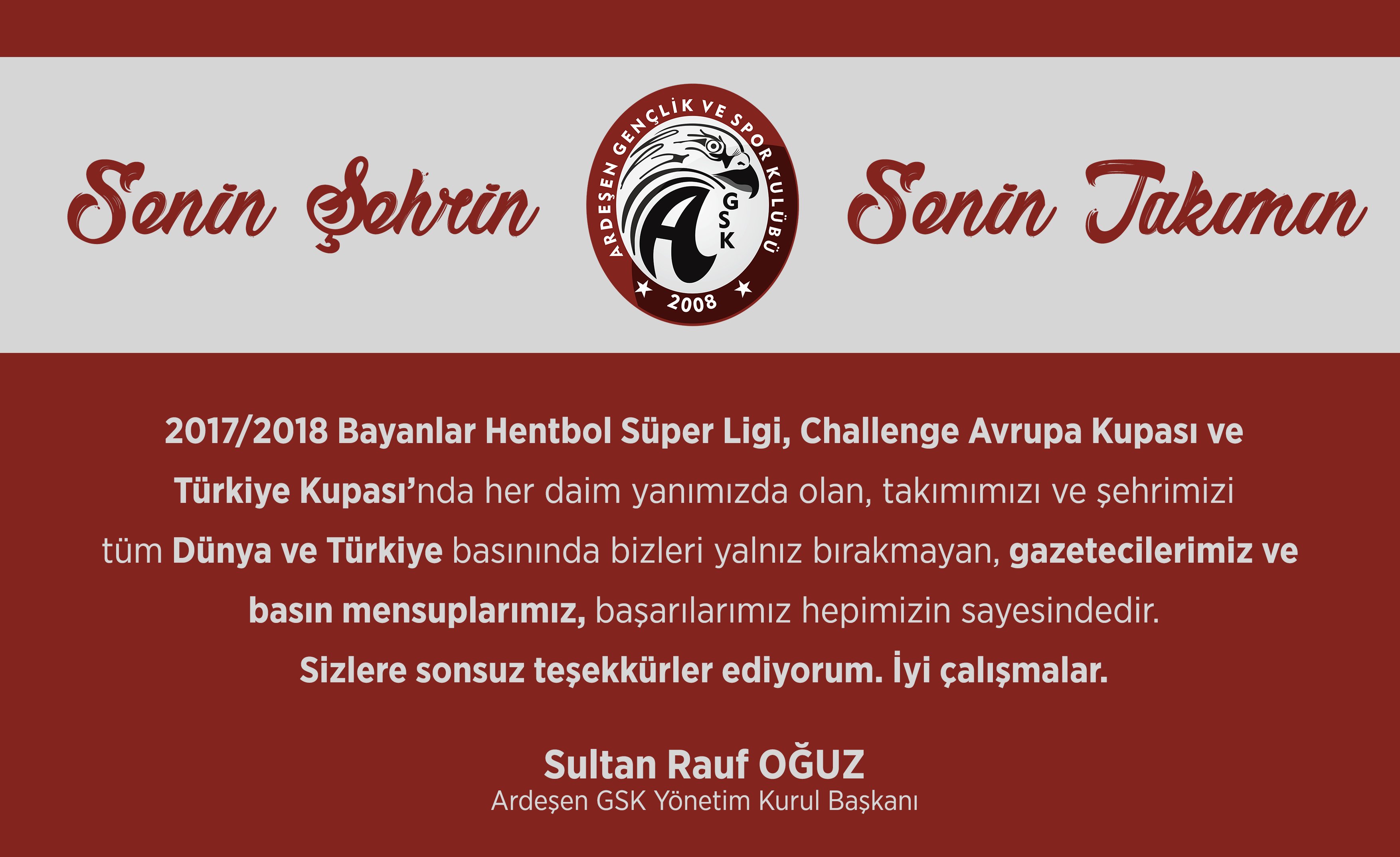 Ardeşen Gsk Başkanı Sultan Rauf Oğuz'dan Teşekkür Mesajı