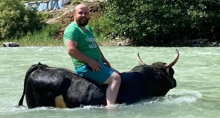 Yusufeli'de Güreşlere hazırladığı 600 kilogramlık boğasını Çoruh nehrinde yıkıyor