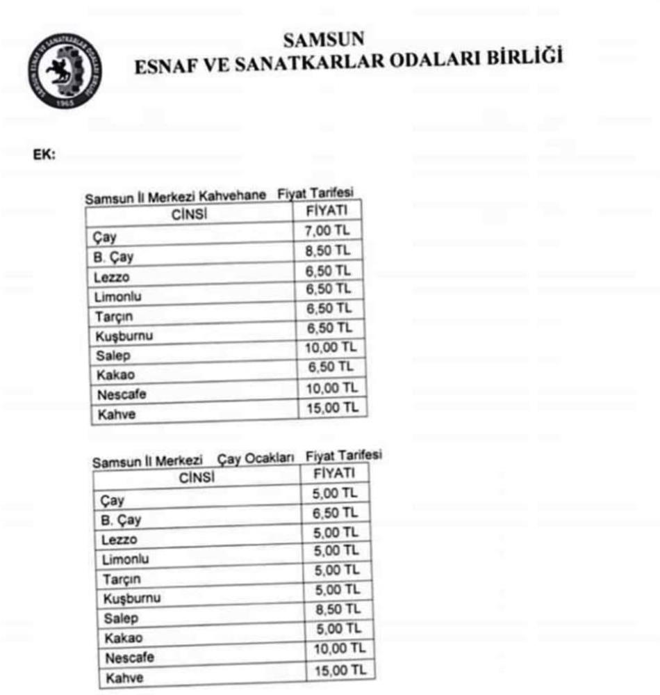SAMSUN'DA YAPILAN SON ZAMMA GÖRE KAHVEHANELERDE 1 BARDAK ÇAY 7 TL, ÇAY OCAKLARINDA İSE 5 TL OLDU