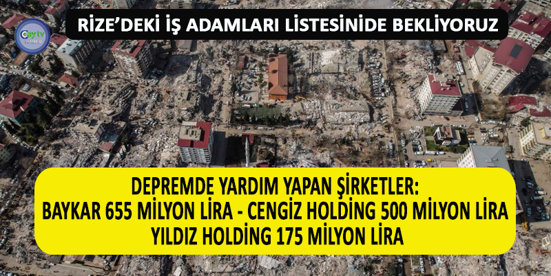 DEPREMDE YARDIM YAPAN ŞİRKETLER: BAYKAR 655 MİLYON LİRA - CENGİZ HOLDİNG 500 MİLYON LİRA - YILDIZ HOLDİNG 175 MİLYON LİRA - KALYON HOLDİNG GAZİANTEP’İN İSLÂHİYE İLÇESİNE 3 BİN KİŞİLİK KONTEYNER KENT - HEDEF HOLDİNG 5 MİLYON