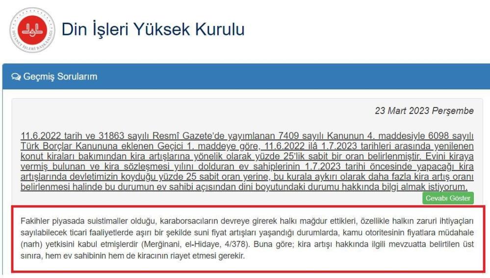 TRABZONLU KİRA ARTIŞI İLE İLGİLİ DİN İŞLERİ YÜKSEK KURULU’NA FETVA BAŞVURUSUNDA BULUNDU, KURUL CEVABINI SİTEDEN DUYURDU
