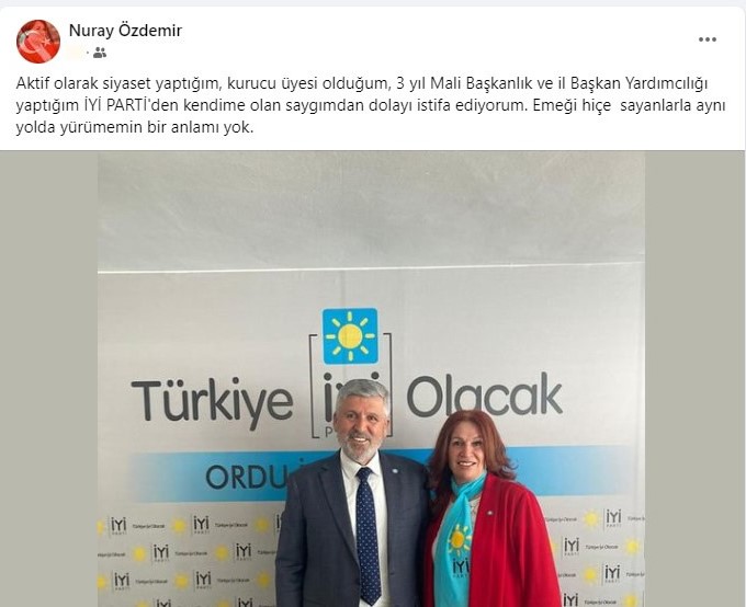 ORDU’DA İYİ PARTİ ESKİ İL BAŞKAN YARDIMCISI VE PARTİ KURUCUSU NURAY ÖZDEMİR, İDRİS NAİM ŞAHİN’İN 1. SIRA MİLLETVEKİLİ ADAYI YAPILMASINA TEPKİ OLARAK PARTİDEN İSTİFA ETTİ