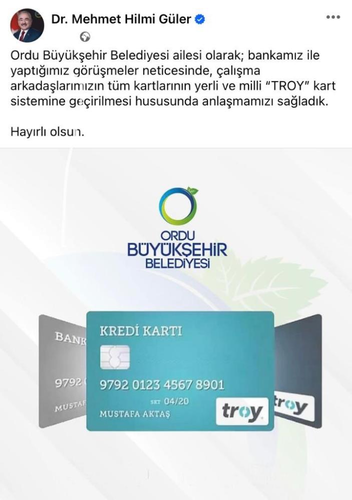 ORDU BÜYÜKŞEHİR BELEDİYESİ, FİLİSTİN'E SOYKIRIM NİTELİĞİNDEKİ SALDIRILARA TEPKİ OLARAK YERLİ VE MİLLİ KART TROY KART SİSTEMİNE GEÇİYOR