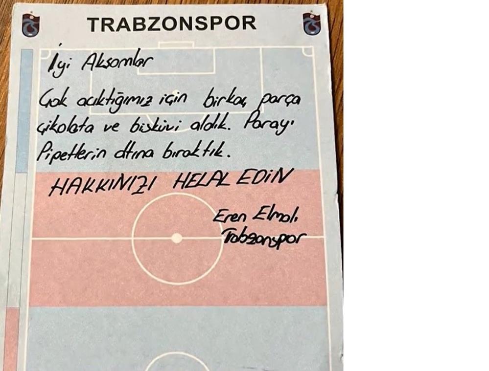 TRABZONSPORLU OYUNCULAR, SİVASSPOR DEPLASMANI SONRASI TRABZON'A DÖNMEK İÇİN GELDİKLERİ SİVAS NURİ DEMİRAĞ HAVALİMANI'NDA BİR BÜFEDEN ALDIKLARI ÇİKOLATA VE BİSKÜVİLERİN PARASINI NOT YAZARAK BIRAKTILAR