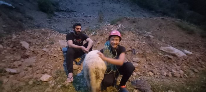 Dedesinin Kayalıklarda Mahsur Kalan Koyununu Dağcı Torunu Kurtardı