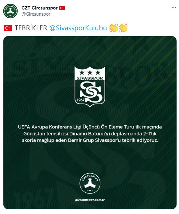 Kulüplerden Sivasspor’a Tebrik Mesajı