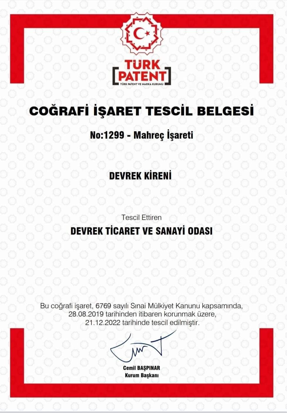 DEVREK TİCARET VE SANAYİ ODASI" DEVREK KİRENİ " COĞRAFİ İŞARET TESCİL BELGESİNİ ALDI