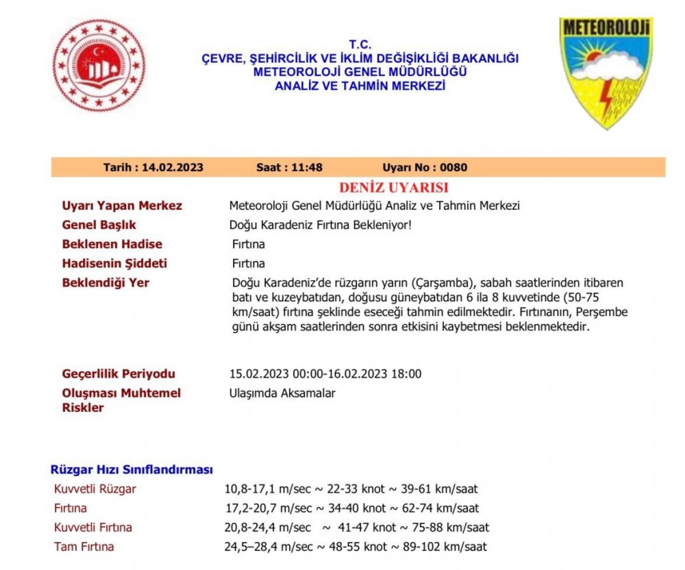 METEOROLOJİ, ORTA KARADENİZ İÇİN FIRTINA İLE BUZLANMA UYARISINDA BULUNDU