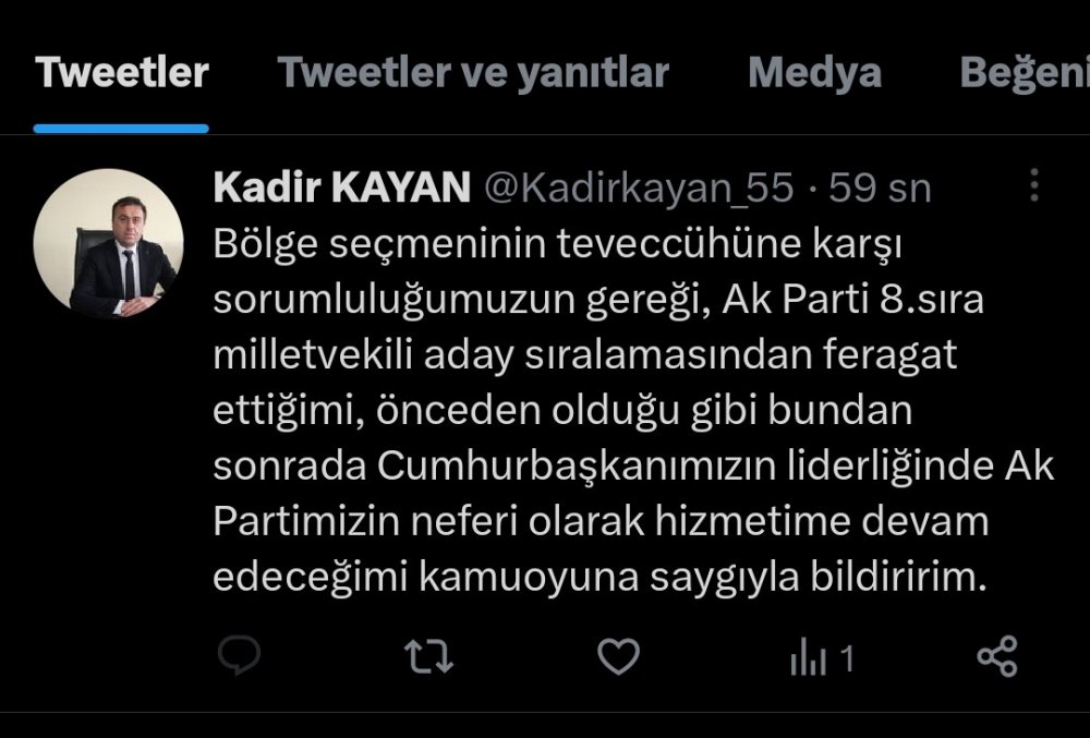AK PARTİ SAMSUN 8. SIRA MİLLETVEKİLİ ADAYI KADİR KAYAN, SIRALAMANIN BÖLGE HALKININ BEKLENTİSİNİ VE TEVECCÜHÜNÜ KARŞILAMADIĞI GEREKÇESİYLE ADAYLIKTAN ÇEKİLDİĞİNİ AÇIKLADI