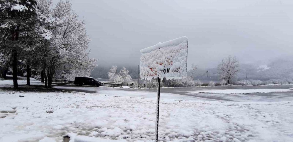 BOLU'NUN GÖZDE TURİZM MERKEZİ ABANT GÖLÜ MİLLİ PARKI, NİSAN AYINDA YAĞAN KARLA BİRLİKTE BEYAZ ÖRTÜYLE KAPLANDI