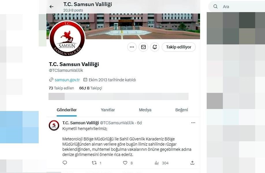 SAMSUN VALİSİ TARAFINDAN YAPILAN PAYLAŞIMDA METEOROLOJİ VE SAHİL GÜVENLİKTEN GELEN VERİLERİ DİKKATE ALARAK VATANDAŞLARI BUGÜN DENİZE GİRMEMESİ KONUSUNDA UYARDI