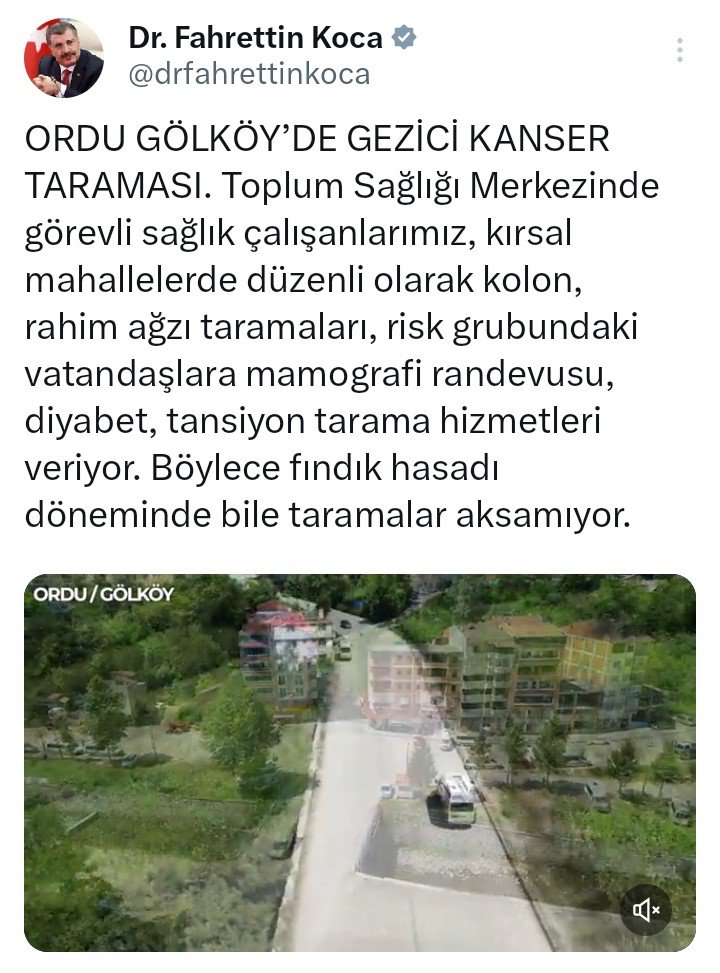 SAĞLIK BAKANI DR. FAHRETTİN KOCA, ORDU'NUN GÖLKÖY İLÇESİNDE TOPLUM SAĞLIĞI MERKEZİ'NDE GÖREVLİ SAĞLIK ÇALIŞANLARININ, KIRSAL MAHALLELERDE MOBİL KANSER TARAMASI HİZMETİNE BAŞLADIĞINI DUYURDU