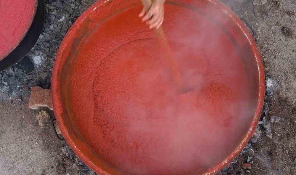 BAYBURT'UN AYDINTEPE İLÇESİNDE YAŞAYAN KADINLAR KENDİ YETİŞTİRDİKLERİ YA DA PAZARDAN ALDIKLARI DOMATESLERLE KIŞLIK MENEMEN KONSERVESİ VE SICAK KAZANLARIN BAŞINDA SAATLERCE KAYNATTIKLARI DOMATES SALÇASI YAPIYOR