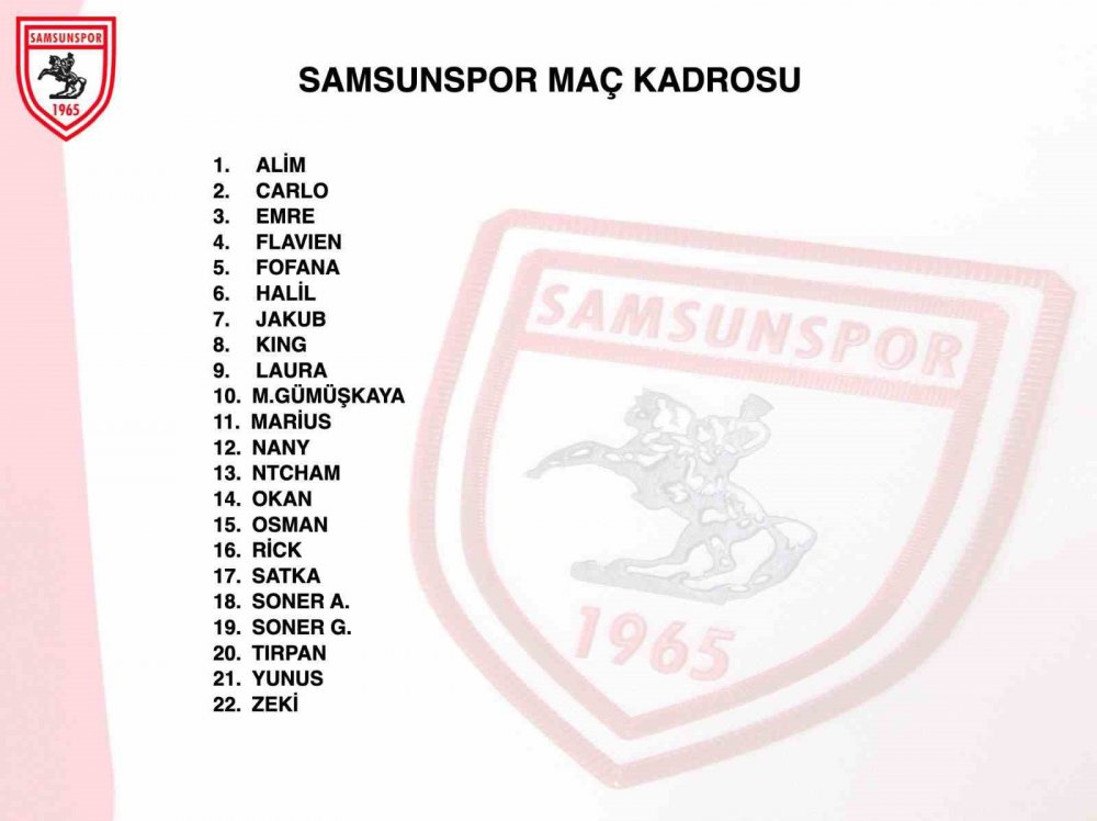 SAMSUNSPOR, TRENDYOL SÜPER LİG'İN 8. HAFTASINDA DEPLASMANDA OYNAYACAĞI ÇAYKUR RİZESPOR MAÇI KAFİLESİNDE 6 FUTBOLCU YER ALMADI