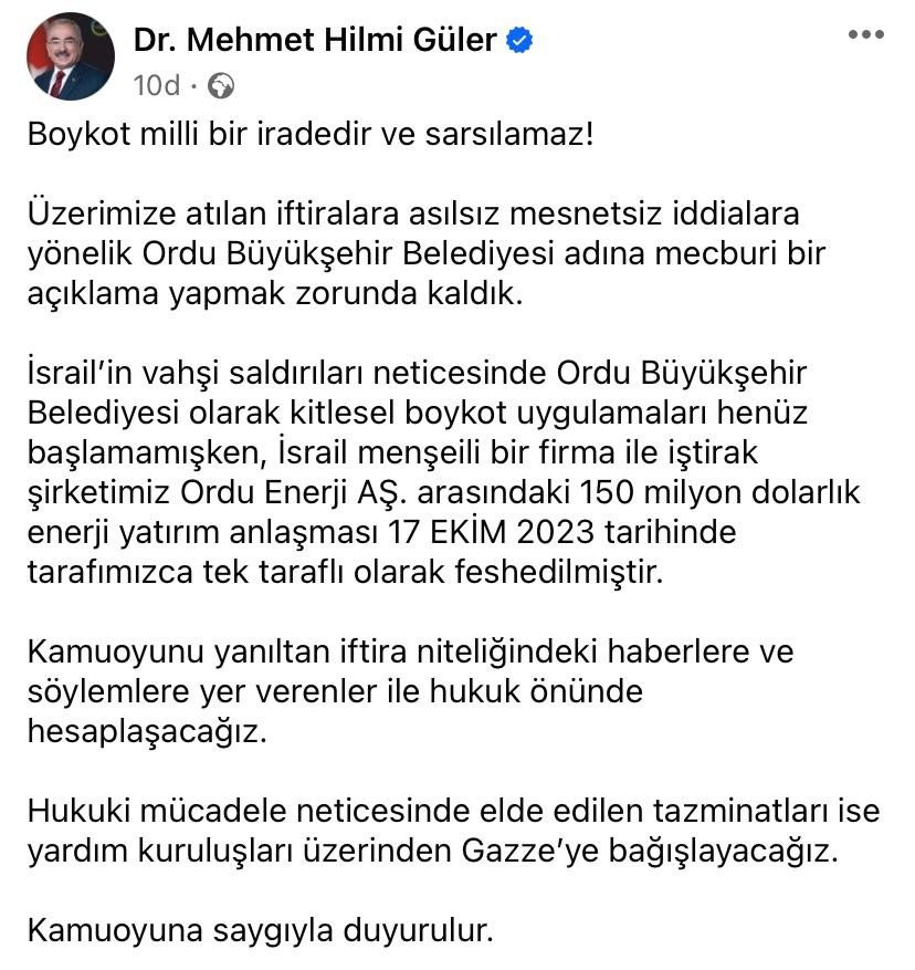ORDU BÜYÜKŞEHİR BELEDİYE BAŞKANI  DR. MEHMET HİLMİ GÜLER’DEN İDDİALARA BELGELİ CEVAP: “İSRAİL İLE GAZ ANLAŞMASINI 17 EKİM’DE FESHETTİK”