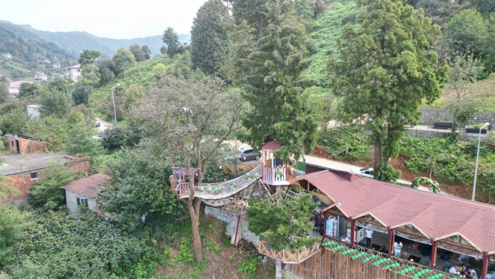 ARTVİN'İN ARHAVİ’DE YAŞAYAN 43 YAŞINDAKİ SELAHATTİN ALKAN HAYALİNİ KURDUĞU RESTORANI İÇİN ARAZİSİNDE BULUNAN AĞAÇLARI KESMEYE KIYAMAYINCA AĞAÇLARIN ÜZERİNE BARAKA VE KAMELYA YAPARAK KÖPRÜ EŞLİĞİNDE RESTORANINA DAHİL ETTİ