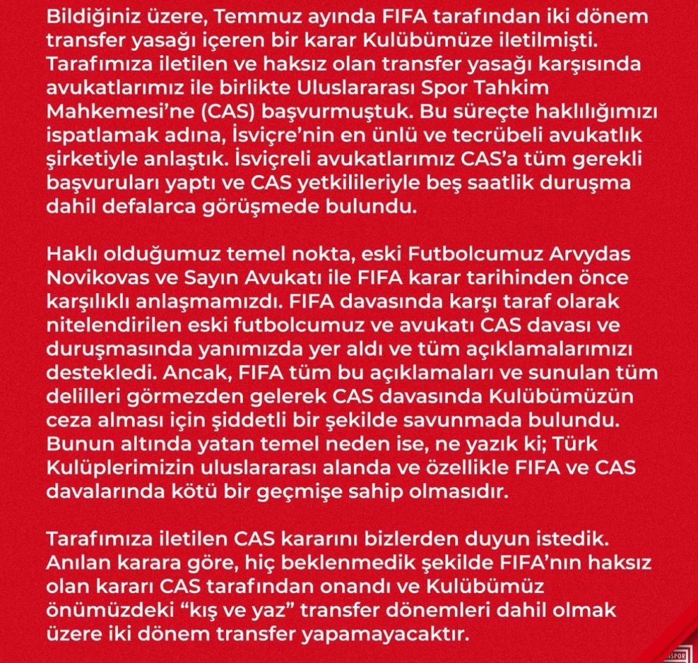 SAMSUNSPOR, ULUSLARARASI SPOR TAHKİM MAHKEMESİ (CAS) TARAFINDAN "KIŞ VE YAZ" TRANSFER DÖNEMLERİ DAHİL OLMAK ÜZERE İKİ DÖNEM TRANSFER YASAĞI CEZASI ALDIKLARINI AÇIKLADI