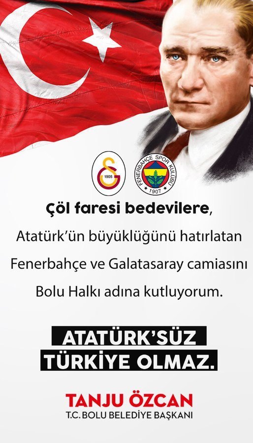 BOLU CUMHURİYET BAŞSAVCILIĞI, BELEDİYE BAŞKANI TANJU ÖZCAN HAKKINDA, FENERBAHÇE İLE GALATASARAY ARASINDAKİ SÜPER KUPA MAÇININ ERTELENMESİNE İLİŞKİN REKLAM PANOLARINDA YAYINLADIĞI YAZI İLE İLGİLİ SORUŞTURMA BAŞLATTI