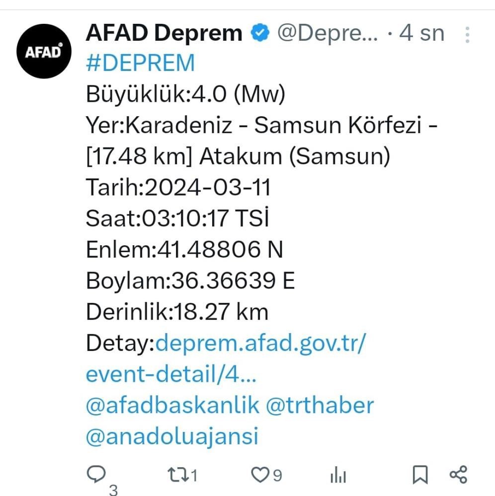 Samsun'da deprem 4.0 deprem