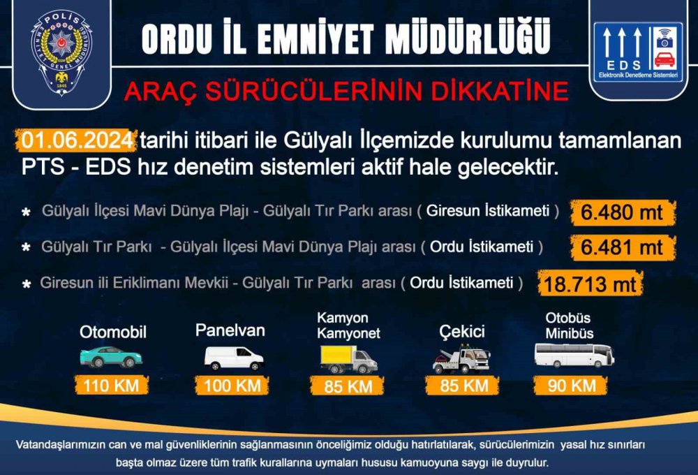Ordu’da Ortalama Hız İhlal Tespit Sistemi 1 Haziran’da Başlıyor