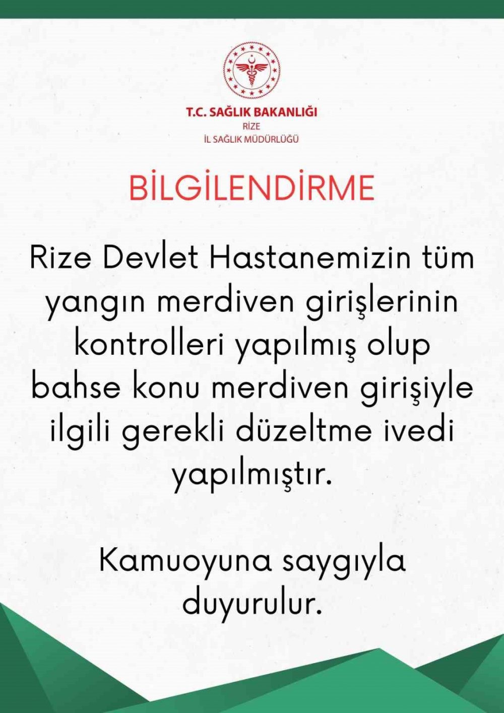Rize İl Sağlık Müdürlüğü’nden Kapatılan Yangın Merdiveni Açıklaması