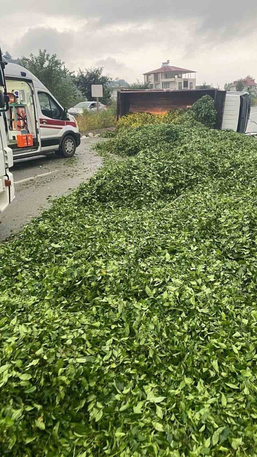 Kaza Sonrası Yola Saçılan Kamyon Kasasındaki 10 Ton Çayı Böyle Temizlediler